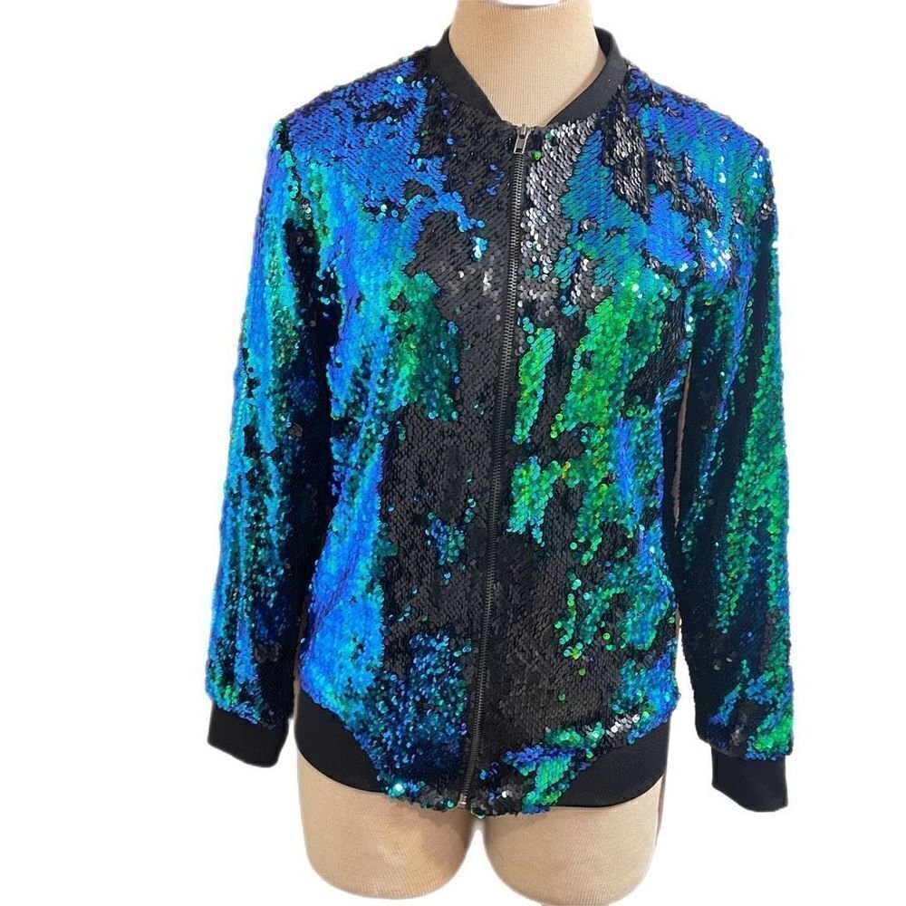 Cresay Womens Sequin Bomber Jacket Mermaid Green Full Zip Size Small New
